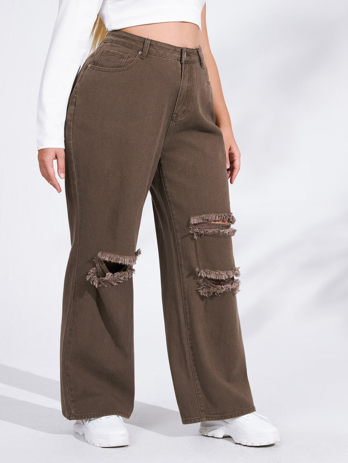 Plus Size High Waist Jeans mit weitem Bein und Rissen