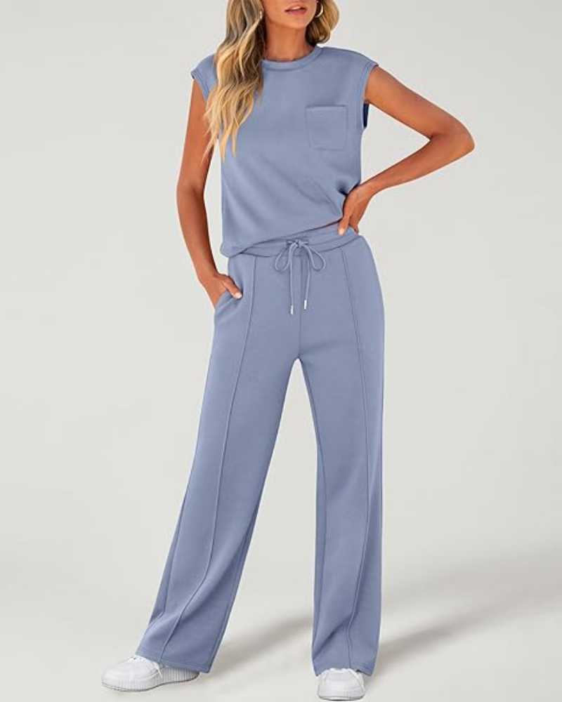 Ensemble deux pièces caraco uni et pantalon large à taille coulissée pour femme