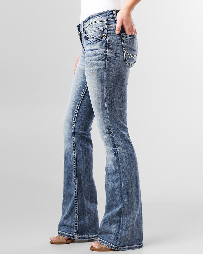 Jeans taille basse style années 90, broderie vintage sur les poches