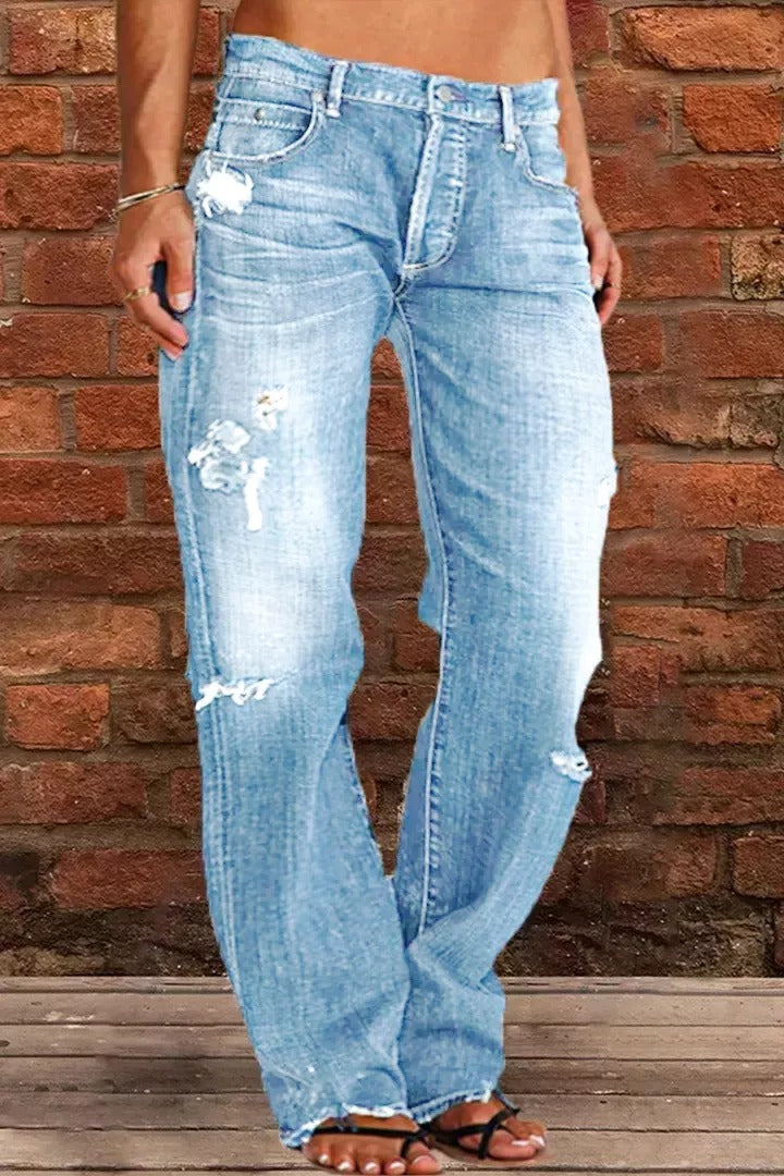 Nouveau Jean Droit Taille Basse Délavé Effet Usé (Achetez-en 2, Livraison Gratuite)