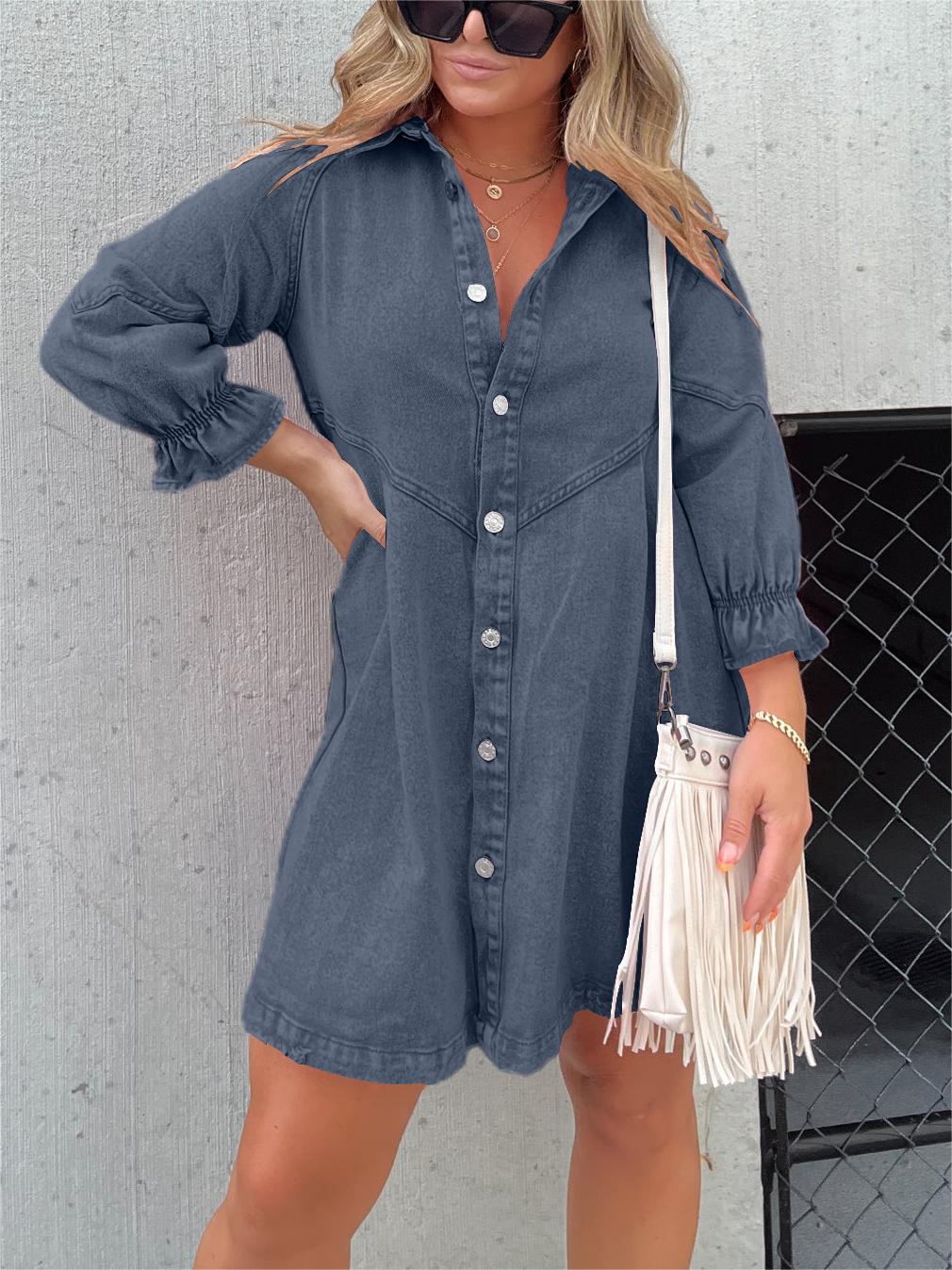 Robe en jean à manches bouffantes boutonnée (2 achetées, livraison gratuite)