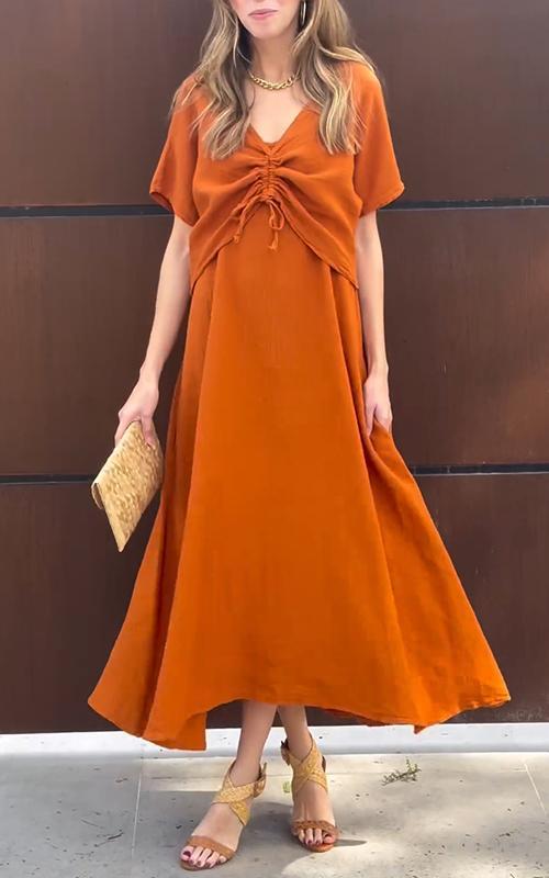 Women's V-neck Solid Color Cotton and Linen Two-piece Suit