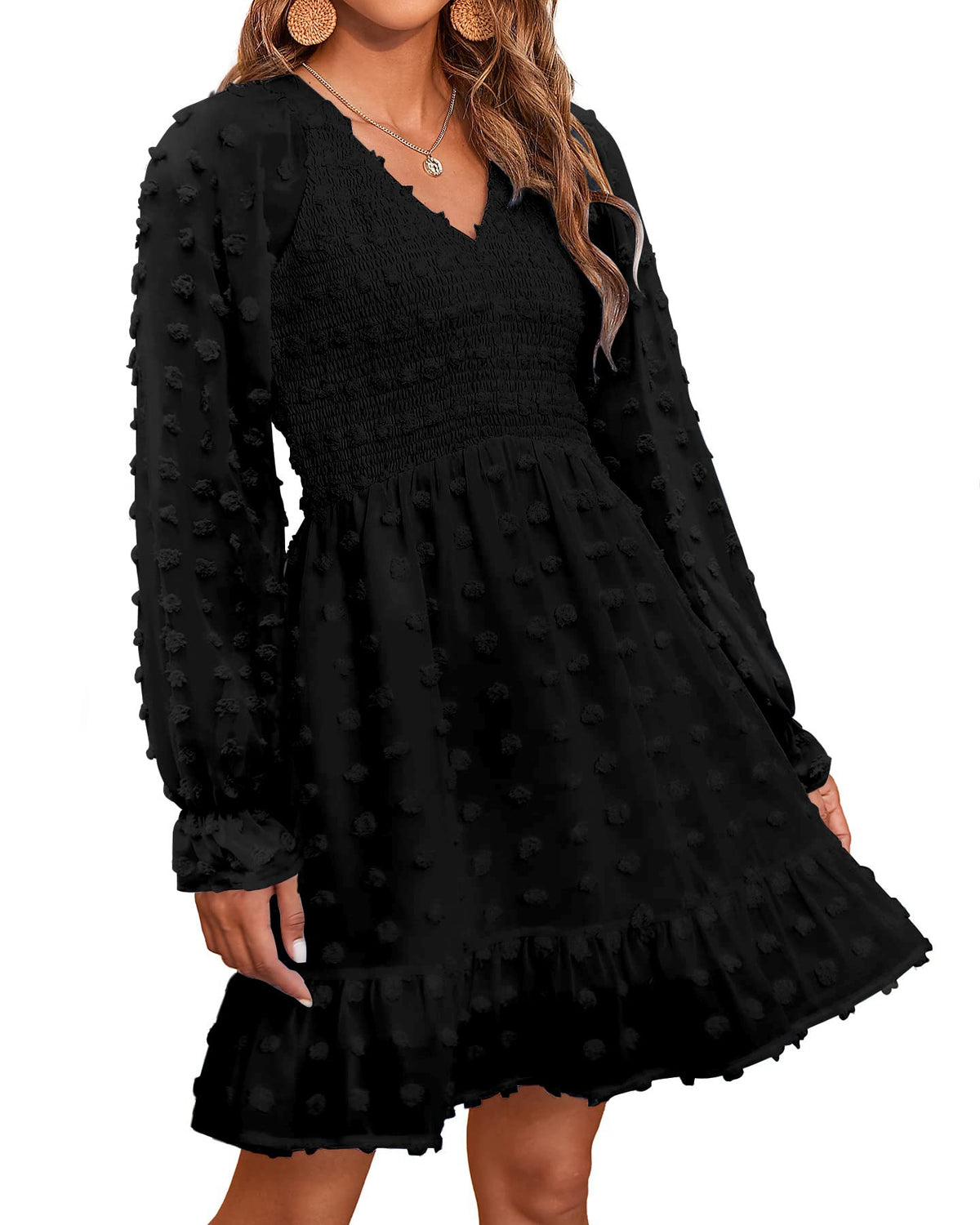 Women's Spring V Neck Swiss Dot Chiffon Mini Dress (Buy 2 Free Shipping)