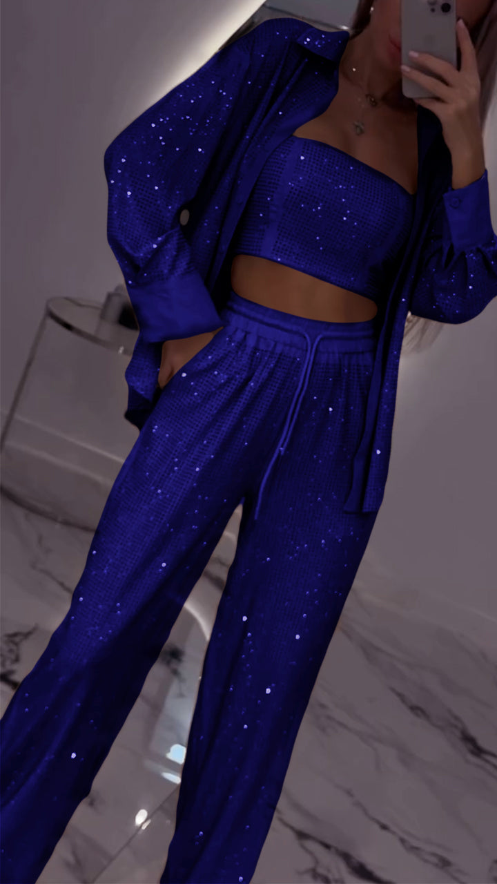 Costume décontracté trois pièces pour femme à revers et strass