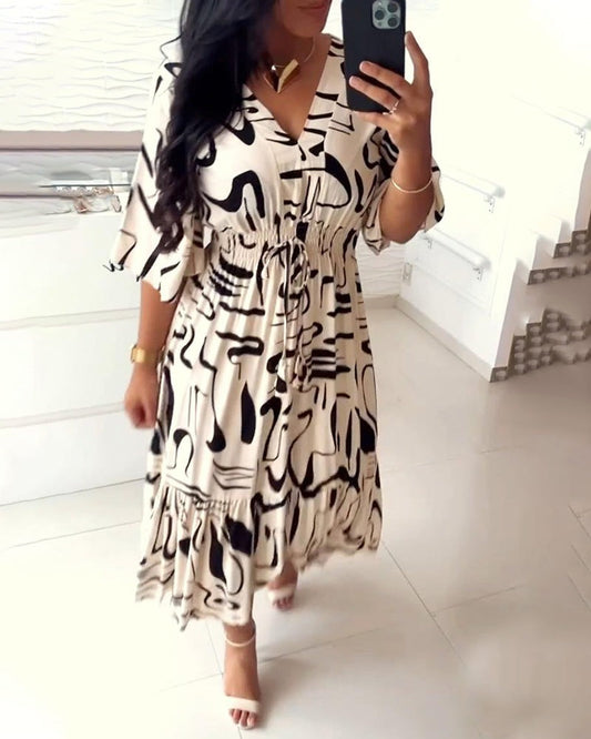 V-Neck Waist Ink Print Dress