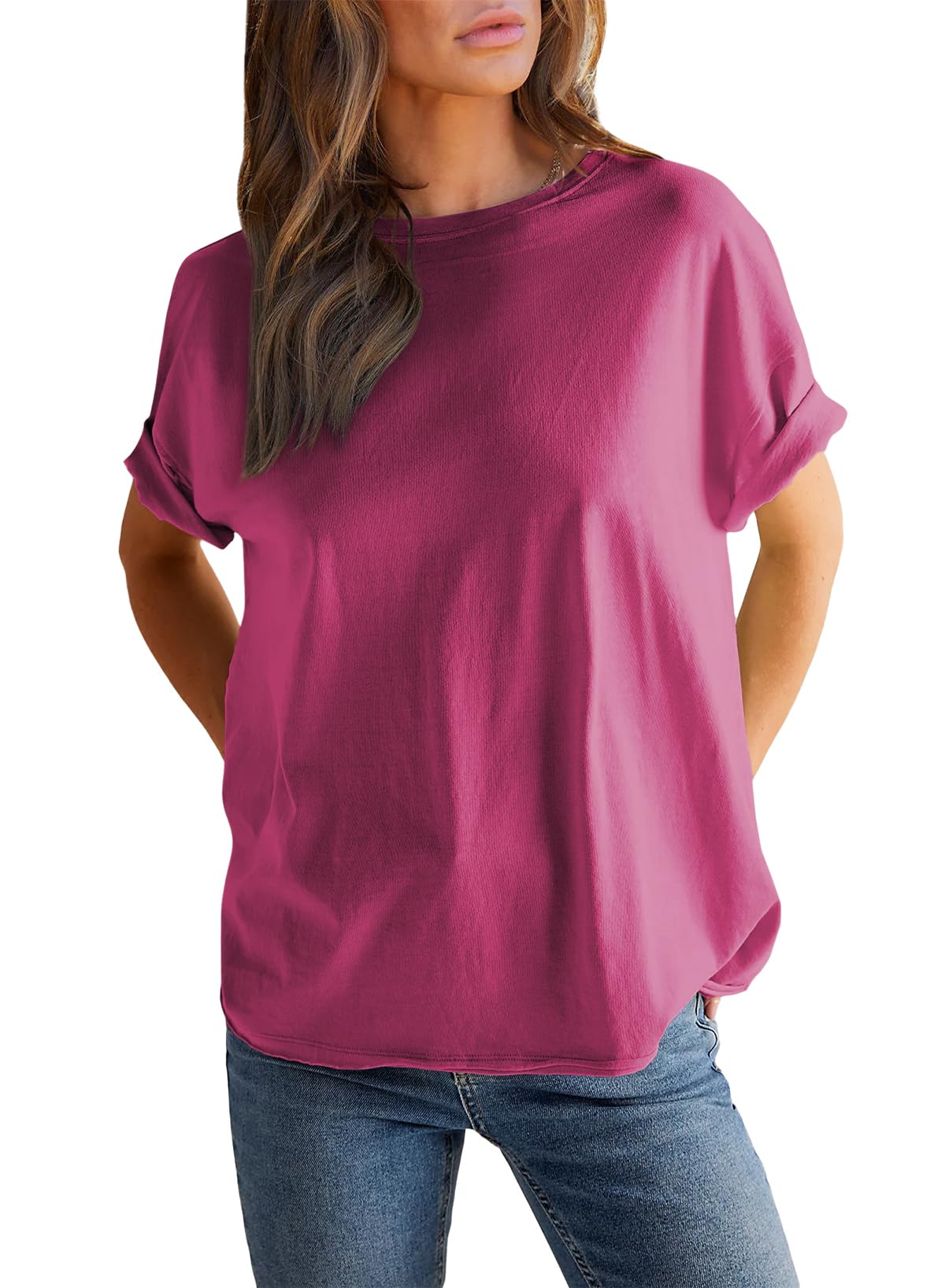T-shirt uni à col rond et manches courtes pour femme (achetez-en 2, la livraison est offerte)