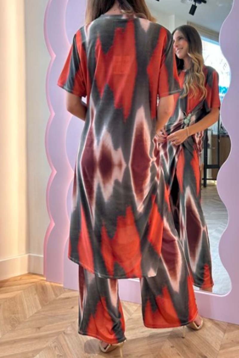 Ensemble deux pièces décontracté pour femme, haut fendu et pantalon tie-dye
