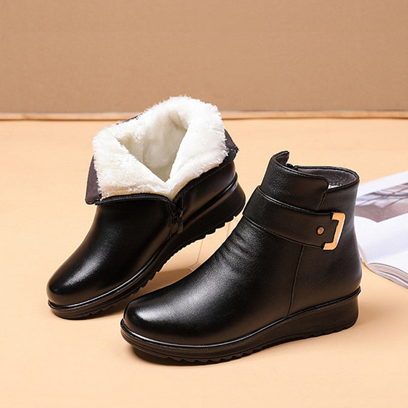 Women's Metal Buckle Leather Waterproof Boots