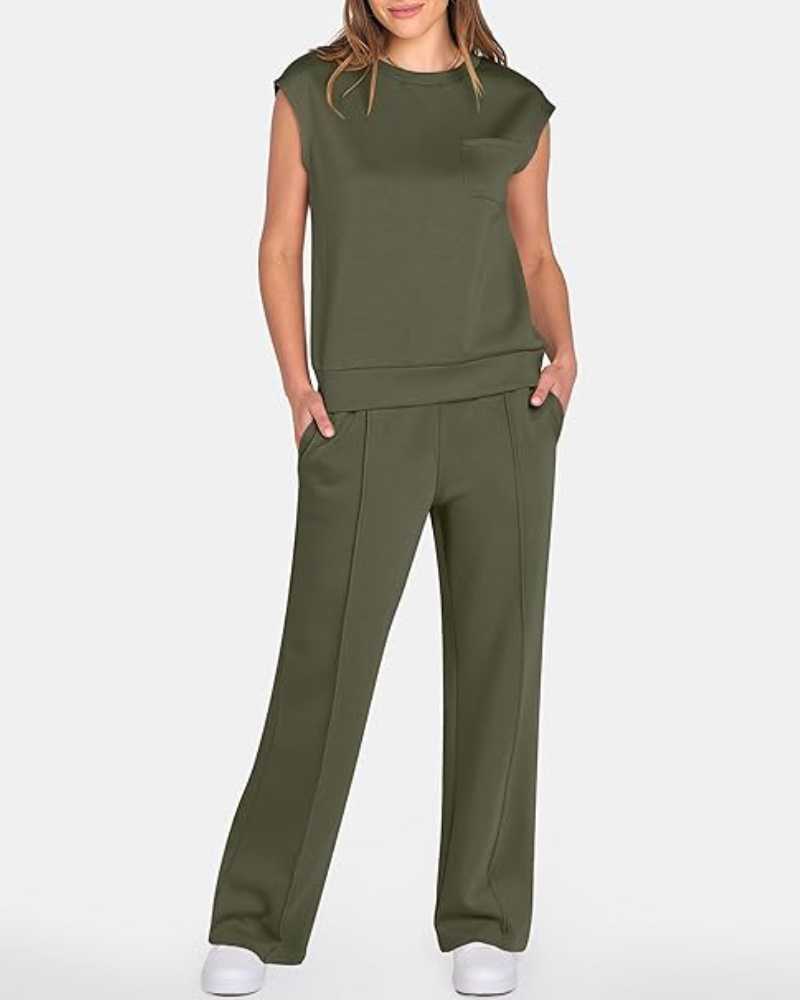 Ensemble deux pièces caraco uni et pantalon large à taille coulissée pour femme