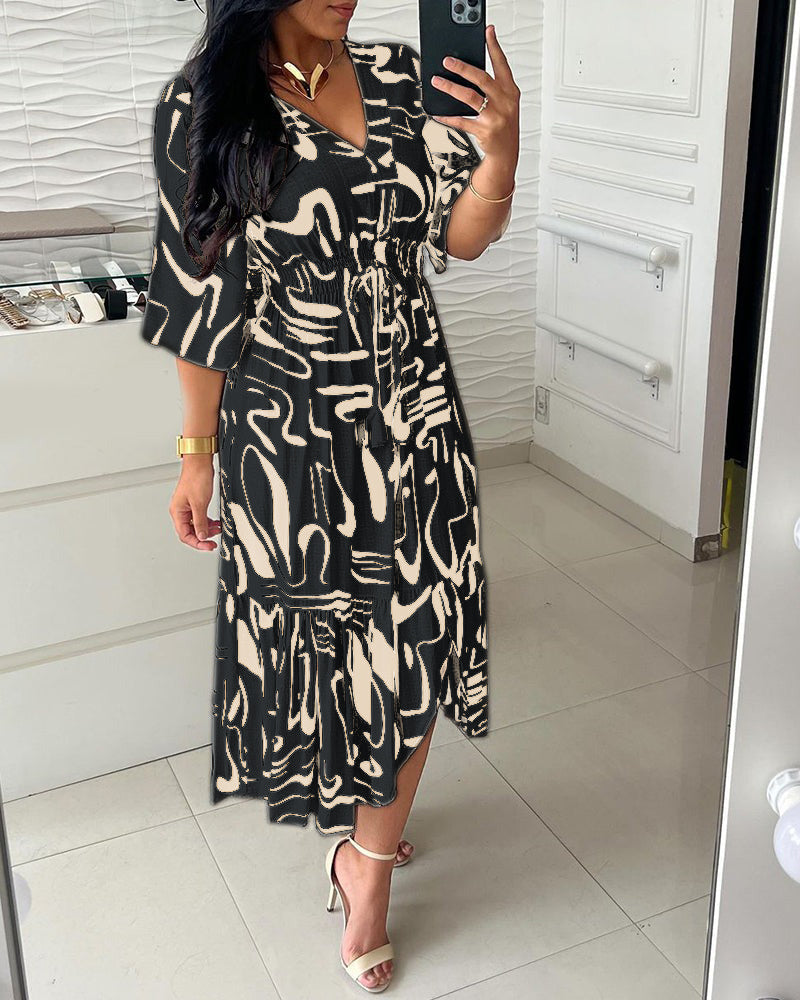 V-Neck Waist Ink Print Dress