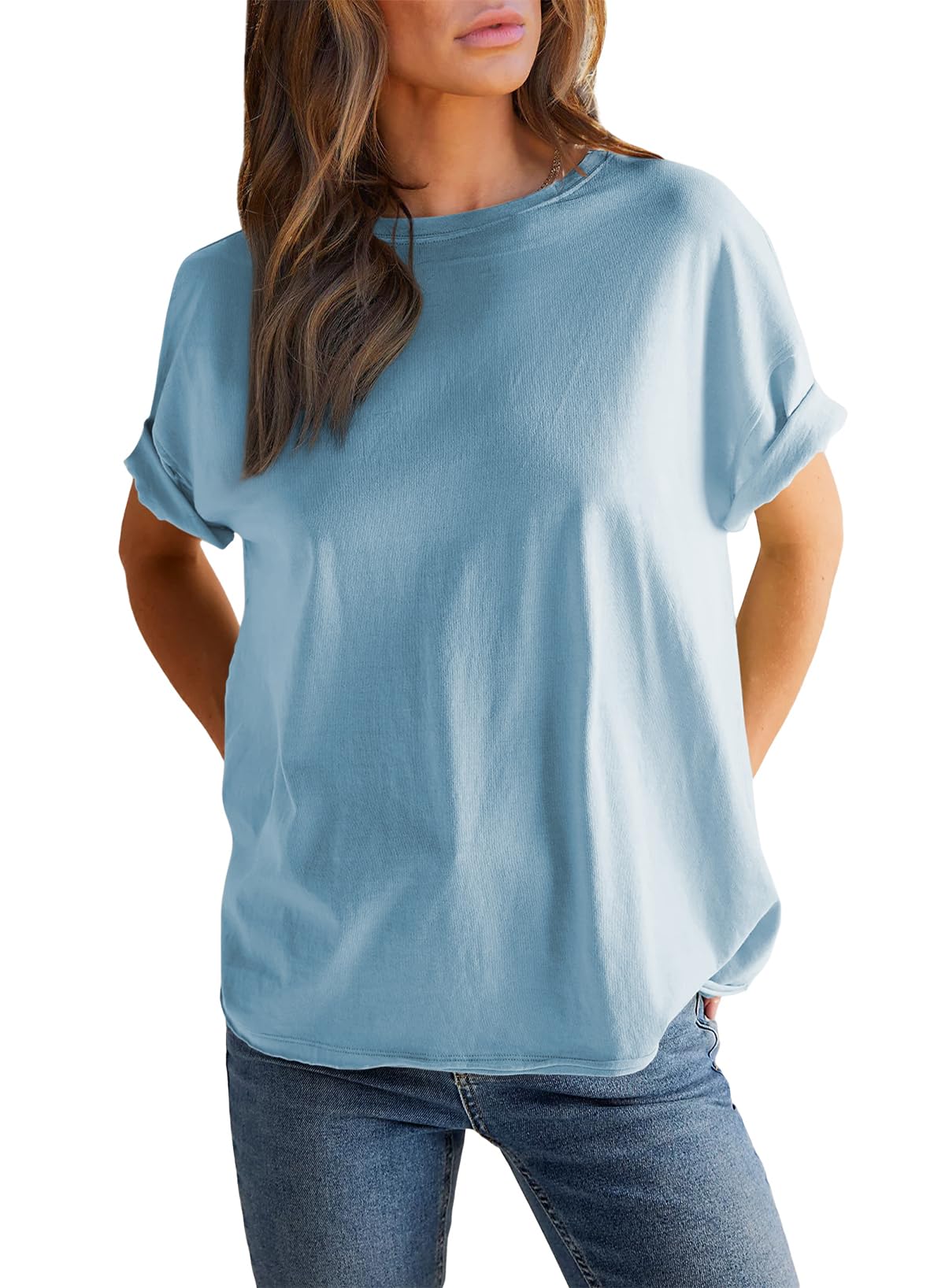 T-shirt uni à col rond et manches courtes pour femme (achetez-en 2, la livraison est offerte)
