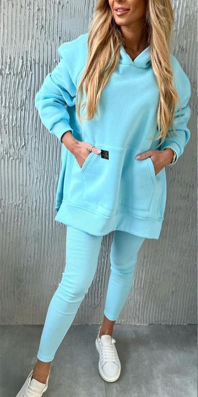 Ensemble de sport deux pièces à capuche et de couleur unie pour femme