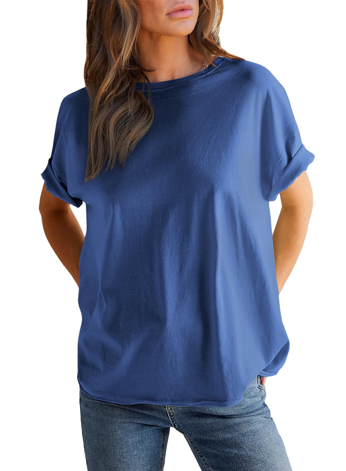 T-shirt uni à col rond et manches courtes pour femme (achetez-en 2, la livraison est offerte)
