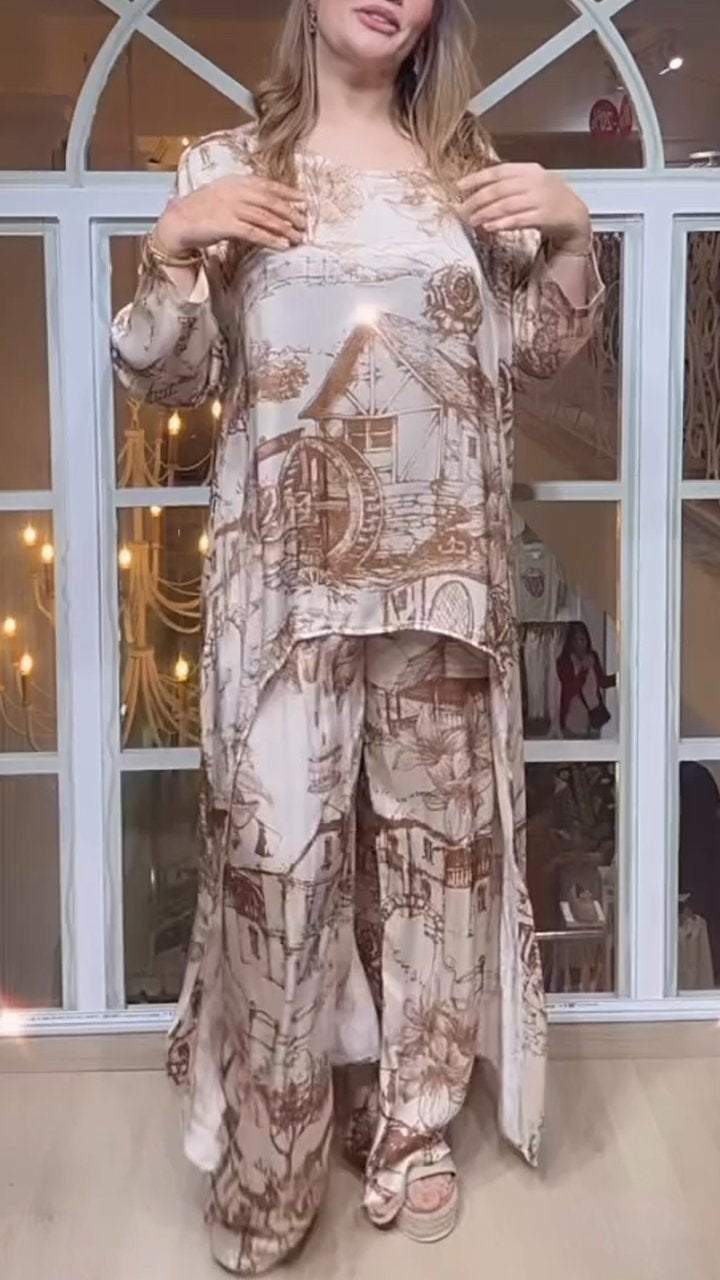 Round Neck Casual Long Sleeve Printed Two Piece Suit