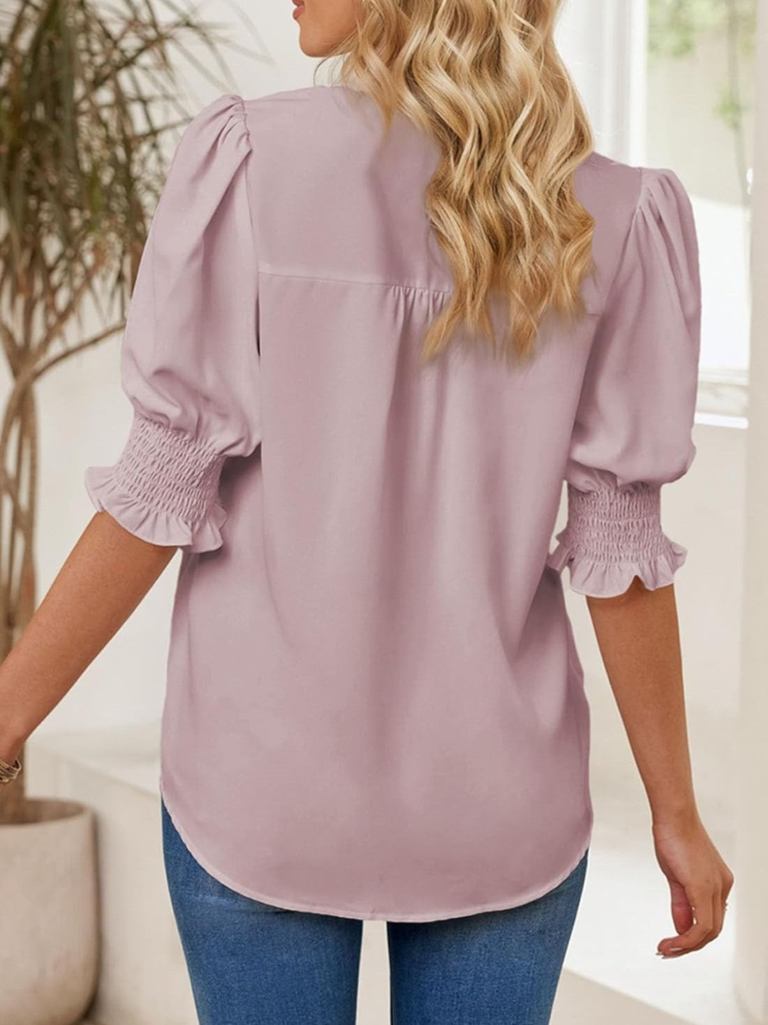 Women's Solid Casual V Neck Puff Sleeve Shirts (Buy 2 Free Shipping)