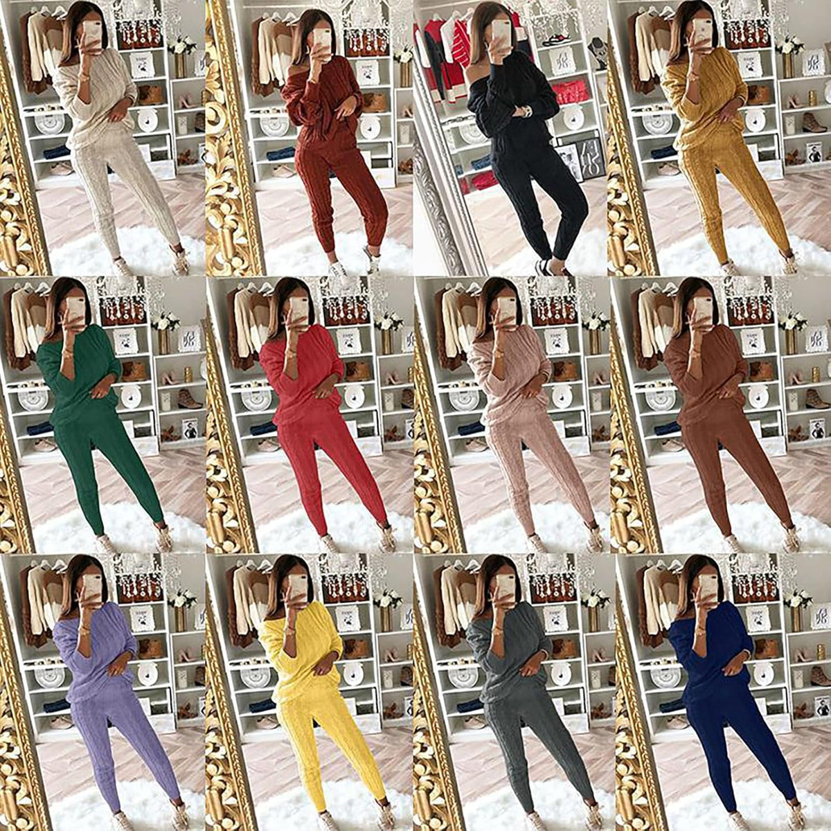 Damen Herbst Strick 2-teilige Outfits Pullover Shirt Top und Bodycon Hose Freizeit Jumpsuit Strampler Plus Size