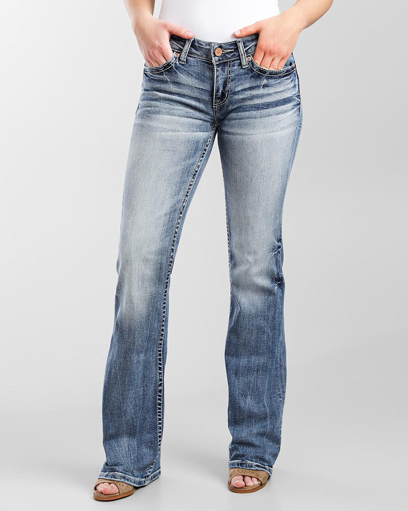 Jeans taille basse style années 90, broderie vintage sur les poches