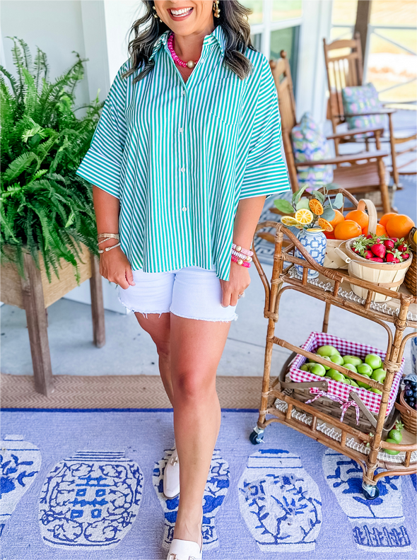 Women's Striped Button Shirt Side Slit Hem Swing Top (Buy 2 Free Shipping)