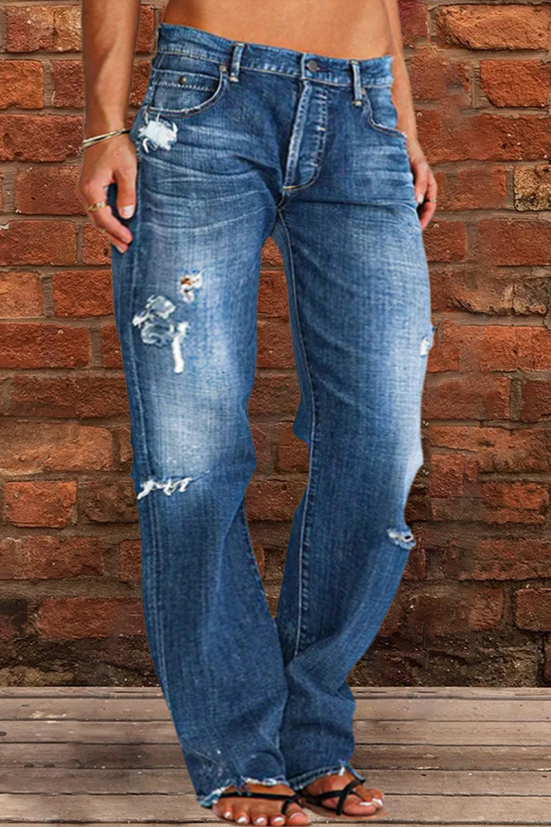 Nouveau Jean Droit Taille Basse Délavé Effet Usé (Achetez-en 2, Livraison Gratuite)