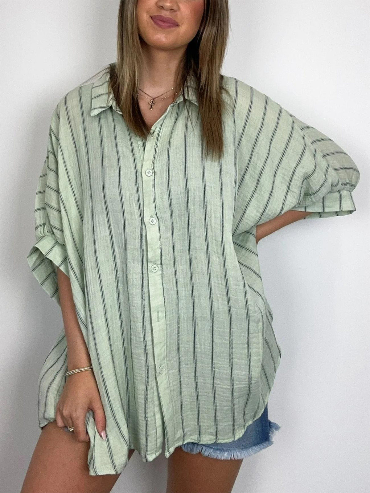 Women's Oversized Striped Button Down Top (Buy 2 Free Shipping)