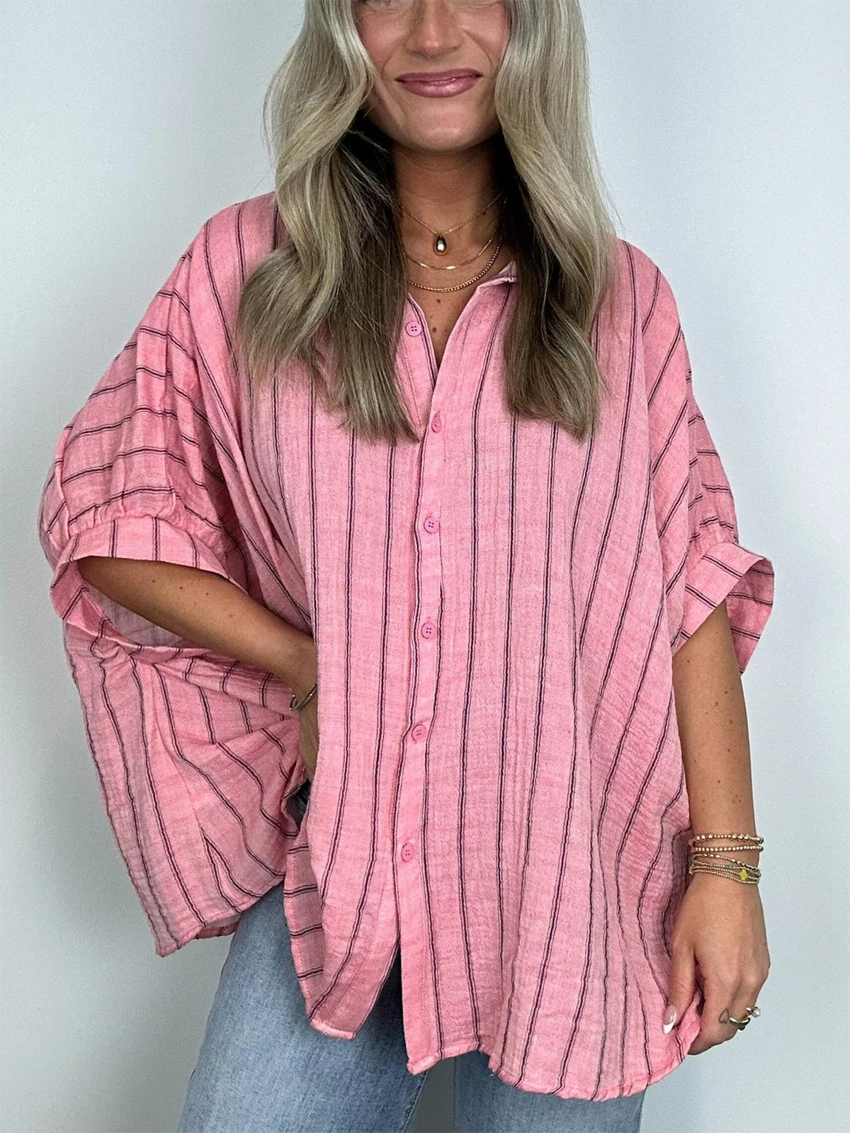 Women's Oversized Striped Button Down Top (Buy 2 Free Shipping)