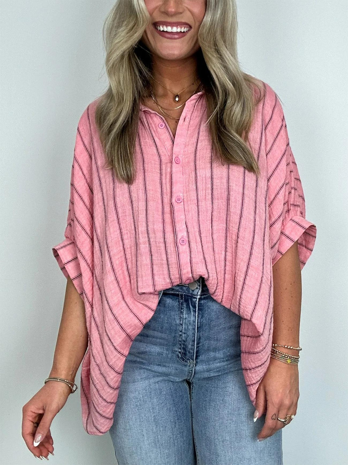 Women's Oversized Striped Button Down Top (Buy 2 Free Shipping)