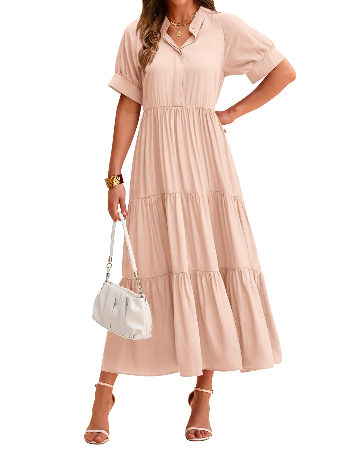 Lässiges, plissiertes, gestuftes Damen-Midikleid mit Kurzarm und Knopfleiste (2 kaufen, Versand gratis)