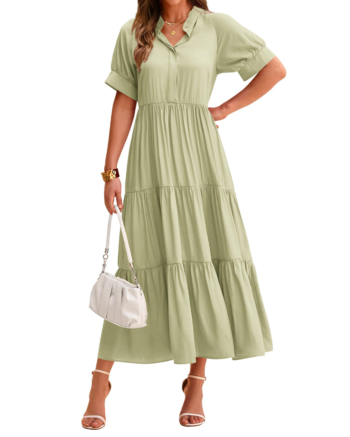 Lässiges, plissiertes, gestuftes Damen-Midikleid mit Kurzarm und Knopfleiste (2 kaufen, Versand gratis)