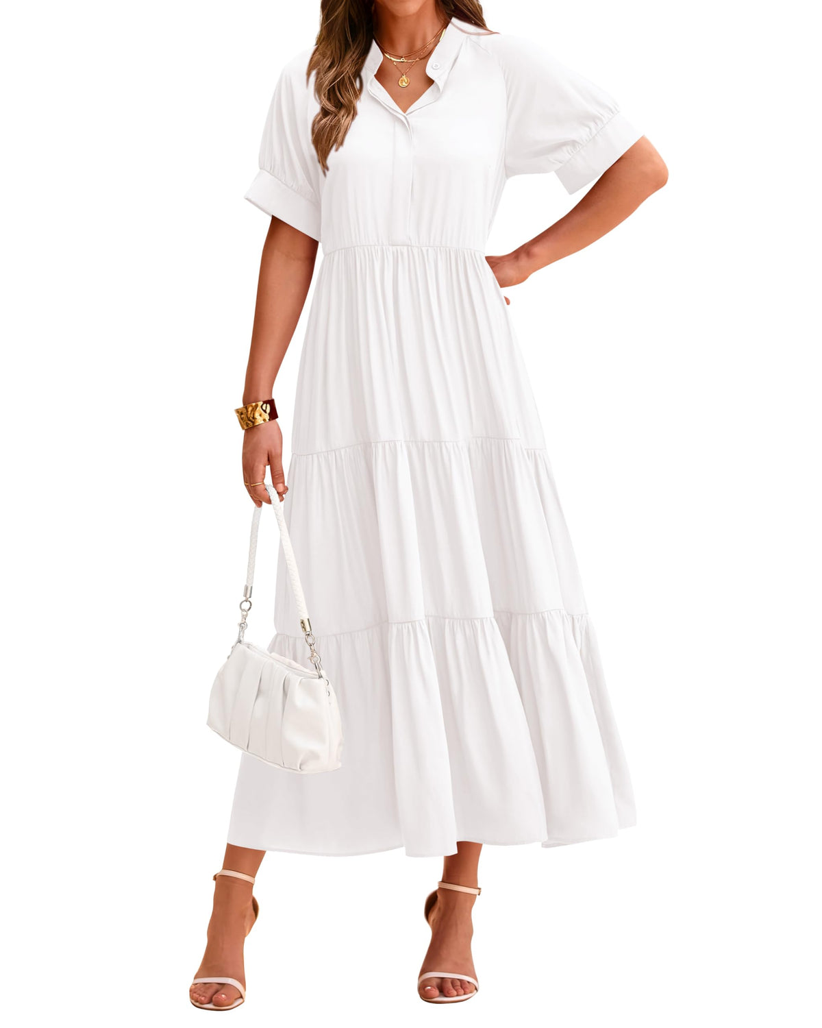 Lässiges, plissiertes, gestuftes Damen-Midikleid mit Kurzarm und Knopfleiste (2 kaufen, Versand gratis)