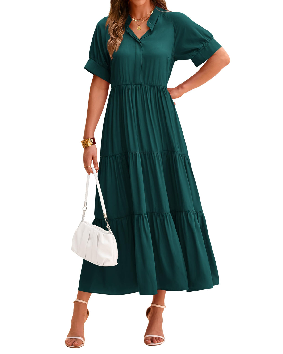 Lässiges, plissiertes, gestuftes Damen-Midikleid mit Kurzarm und Knopfleiste (2 kaufen, Versand gratis)