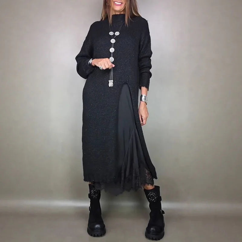 Charming Satin Dress and Long Handcrafted Knit Sweater Set