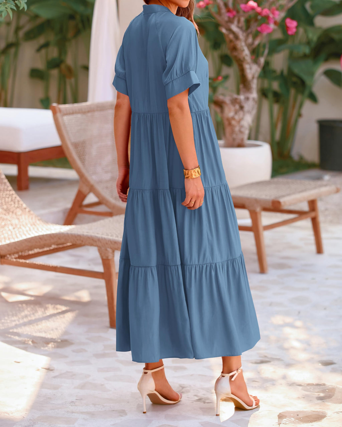 Lässiges, plissiertes, gestuftes Damen-Midikleid mit Kurzarm und Knopfleiste (2 kaufen, Versand gratis)
