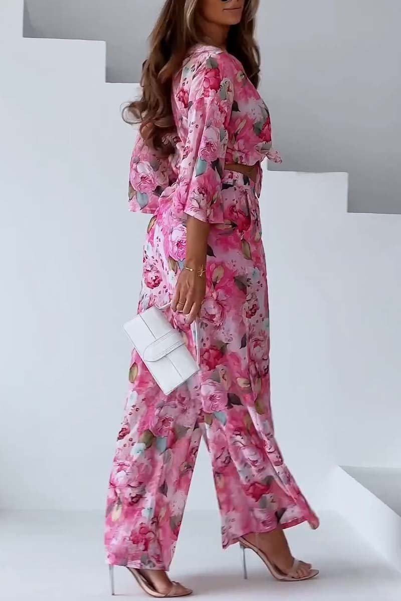Ensemble deux pièces décontracté pour femme avec pantalon ample à imprimé floral