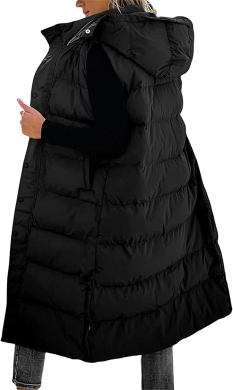 Gilet long matelassé pour femme | Capuche matelassée et fermeture boutonnée ❄️