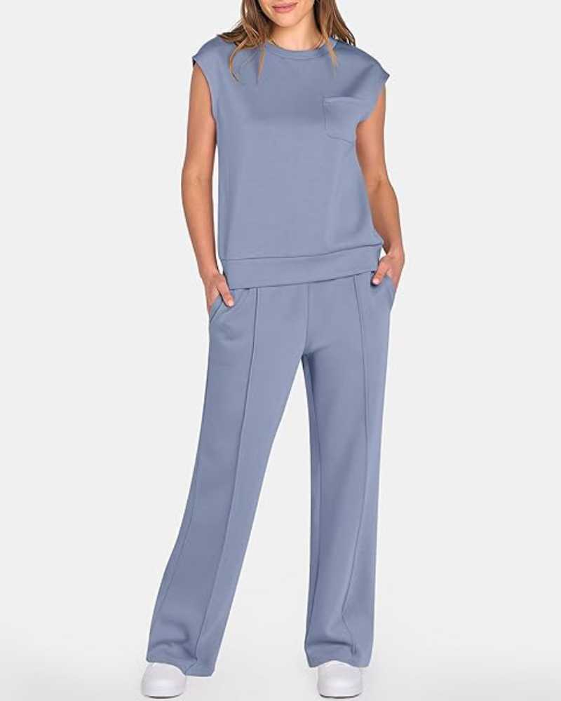 Ensemble deux pièces caraco uni et pantalon large à taille coulissée pour femme