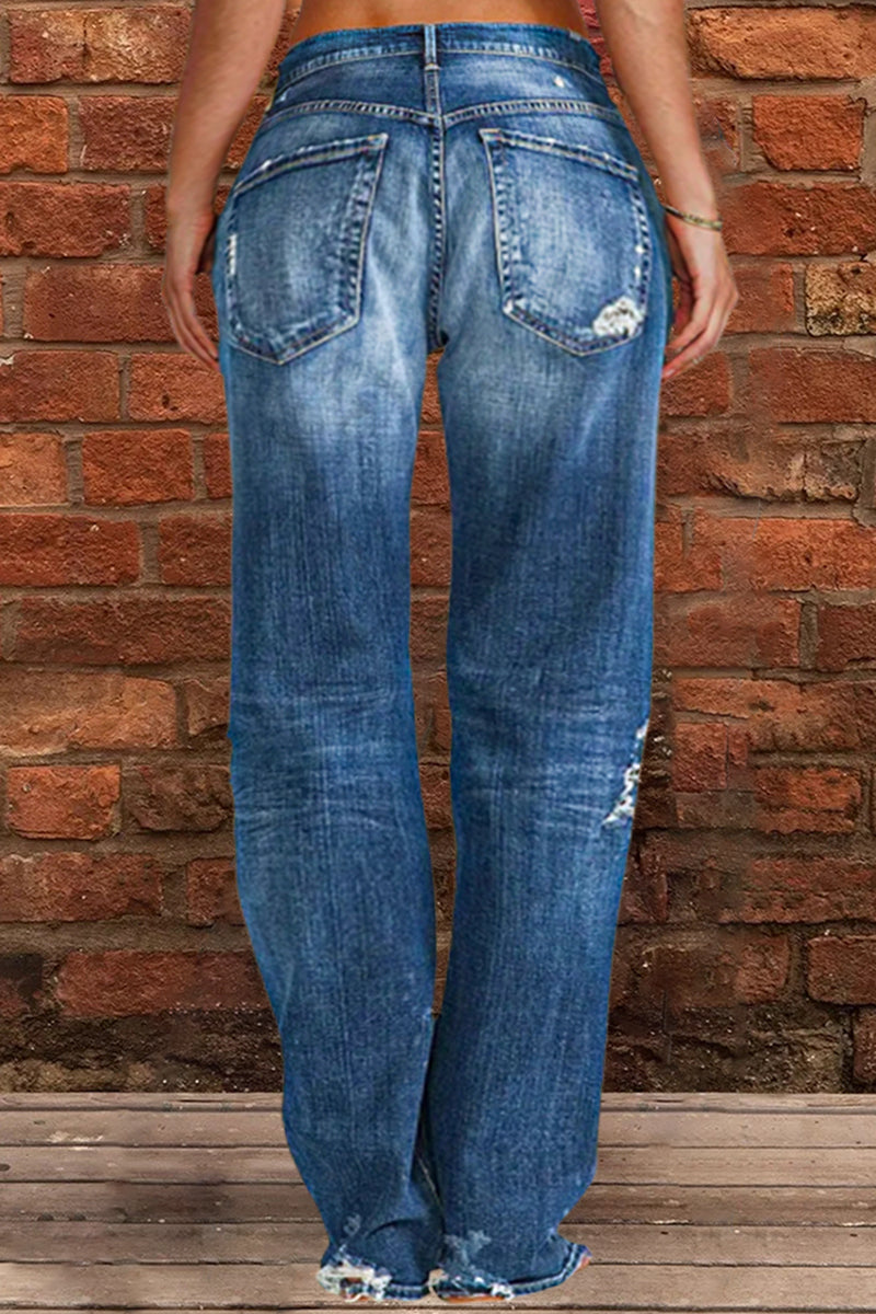 Nouveau Jean Droit Taille Basse Délavé Effet Usé (Achetez-en 2, Livraison Gratuite)