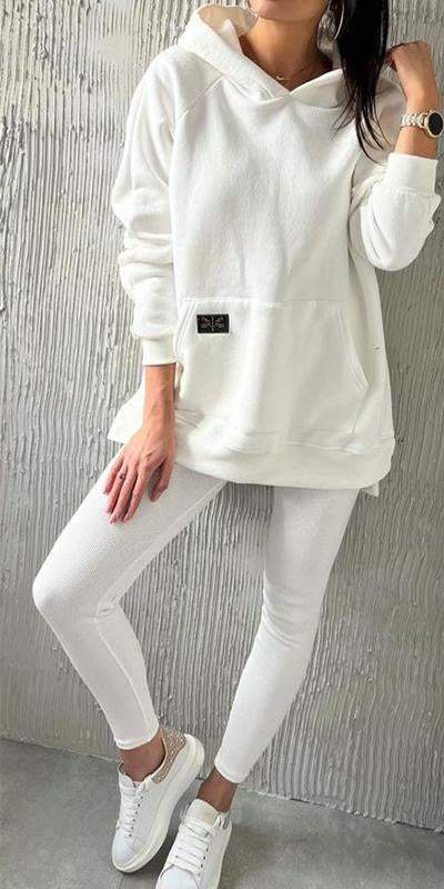 Ensemble de sport deux pièces à capuche et de couleur unie pour femme