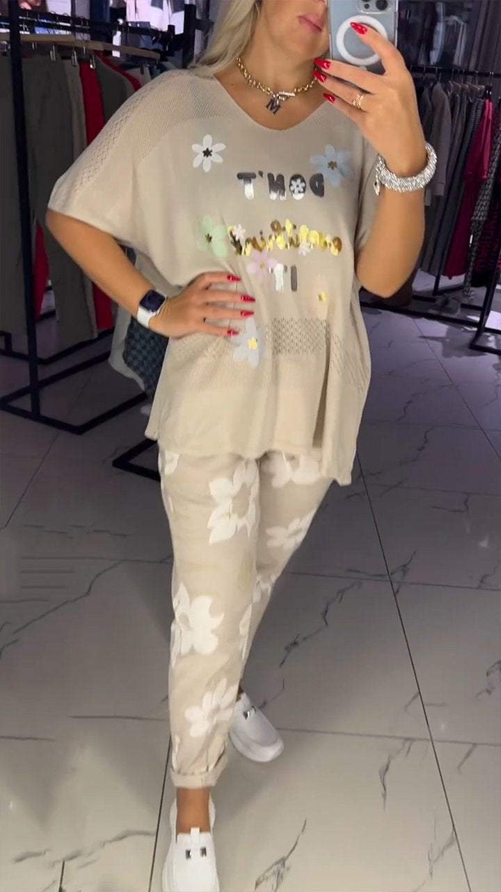 Ensemble deux pièces haut en dentelle et pantalon décontracté à fleurs