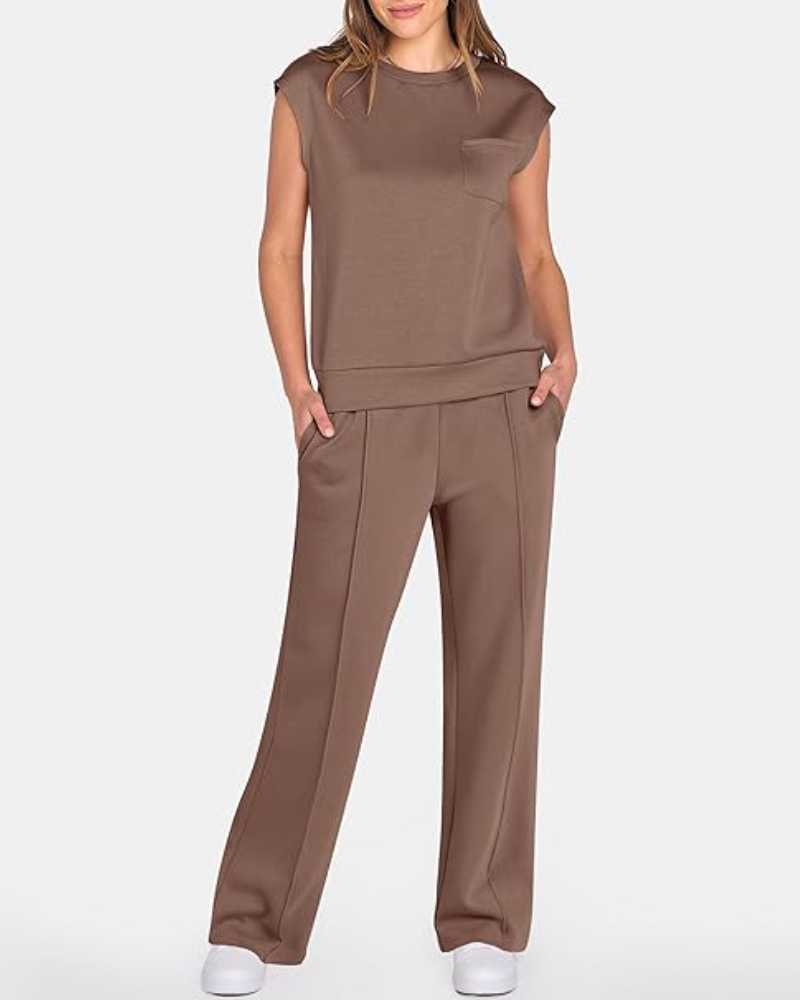 Ensemble deux pièces caraco uni et pantalon large à taille coulissée pour femme