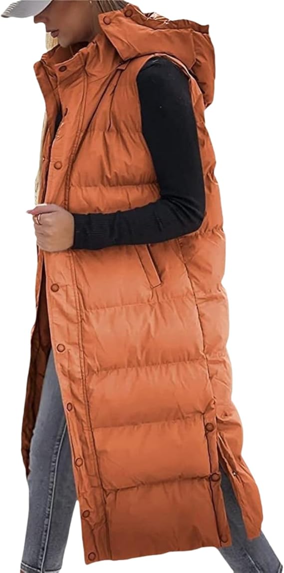 Gilet long matelassé pour femme | Capuche matelassée et fermeture boutonnée ❄️