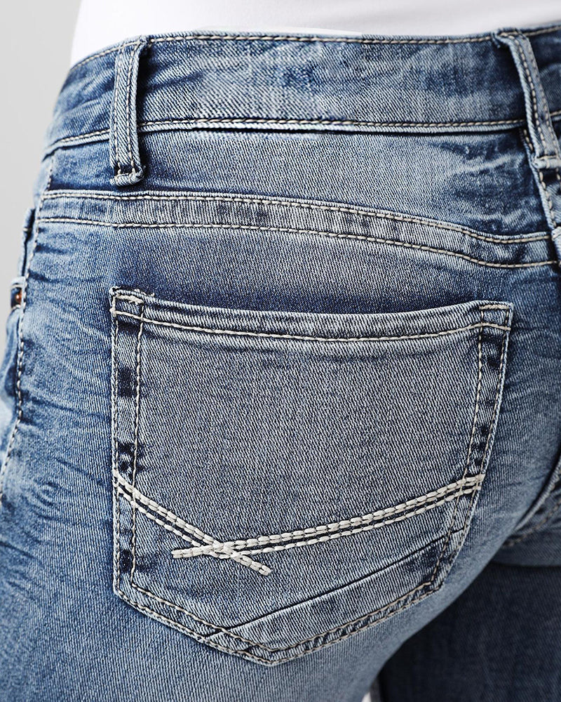Jeans taille basse style années 90, broderie vintage sur les poches