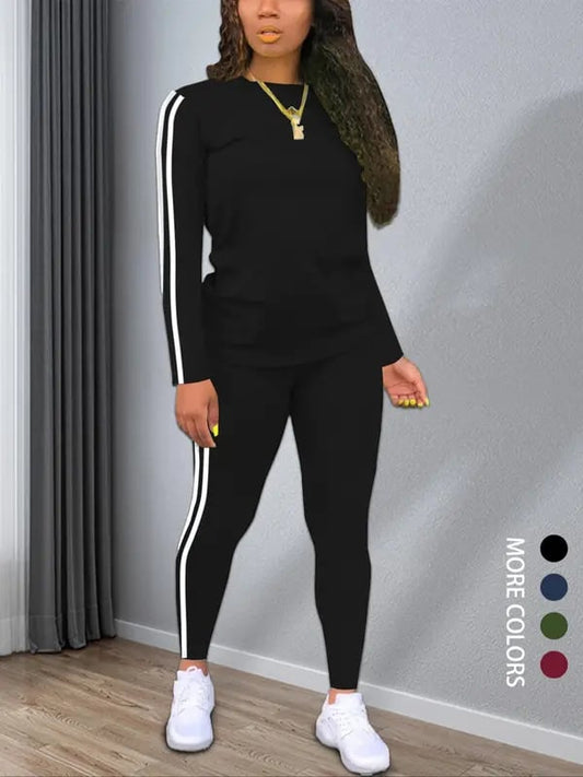 Women's Striped Print Long Sleeve Top & Pants Two-piece Set, Casual Fashion Cozy Round Neck Top & Trousers for Daily Outdoor Wear, Ladies Clothes [buy 2 Free Shipping]
