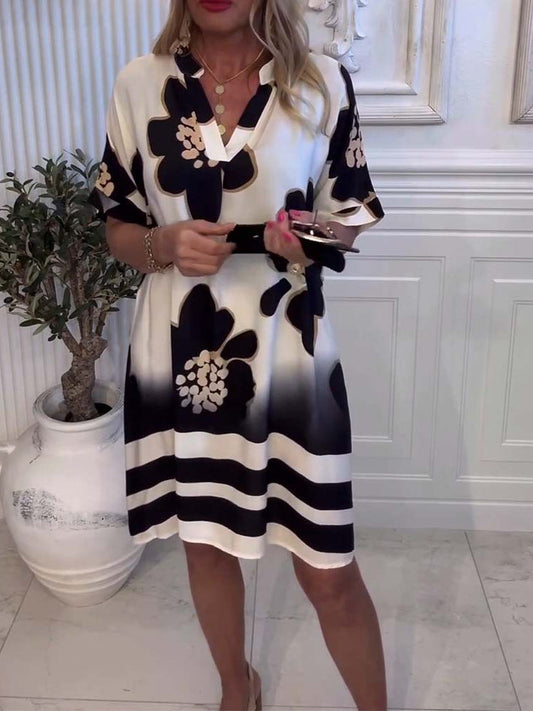 Women's Printed V-Neck Short Sleeve Loose Casual Dress
