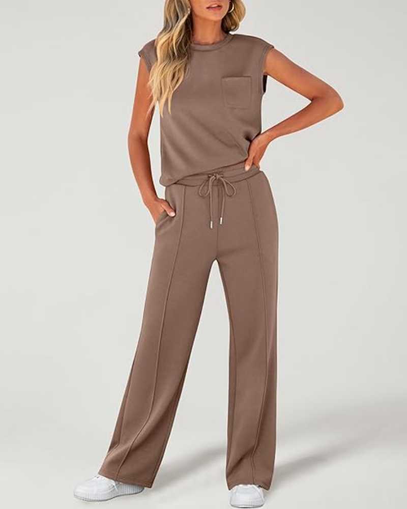 Ensemble deux pièces caraco uni et pantalon large à taille coulissée pour femme