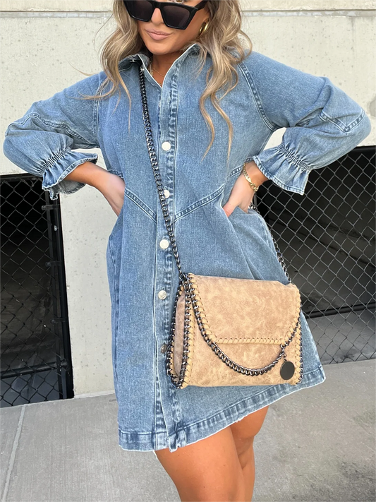 Neues gewaschenes Jeanskleid mit Puffärmeln (2 kaufen, kostenloser Versand)