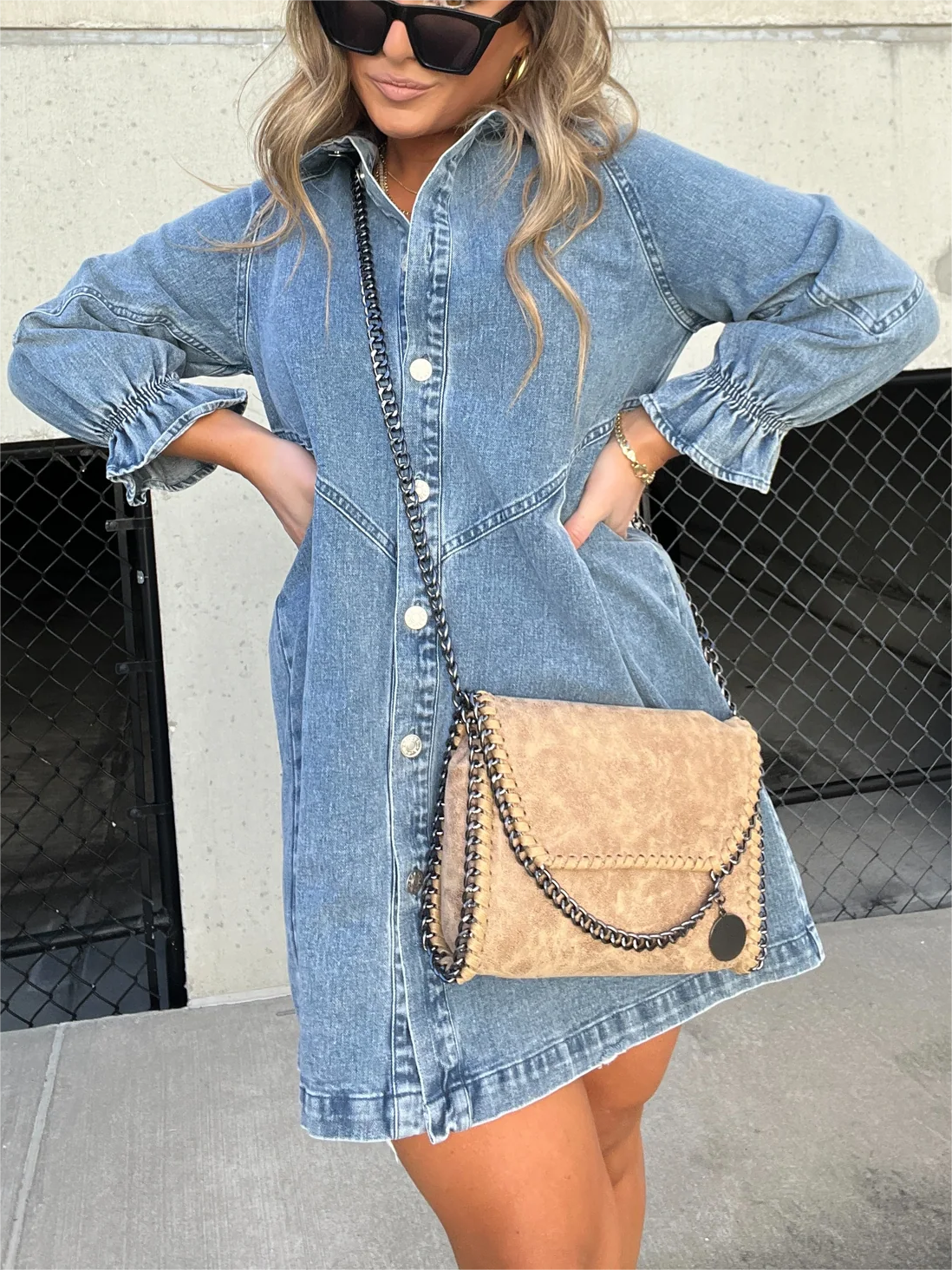 Robe en jean à manches bouffantes boutonnée (2 achetées, livraison gratuite)