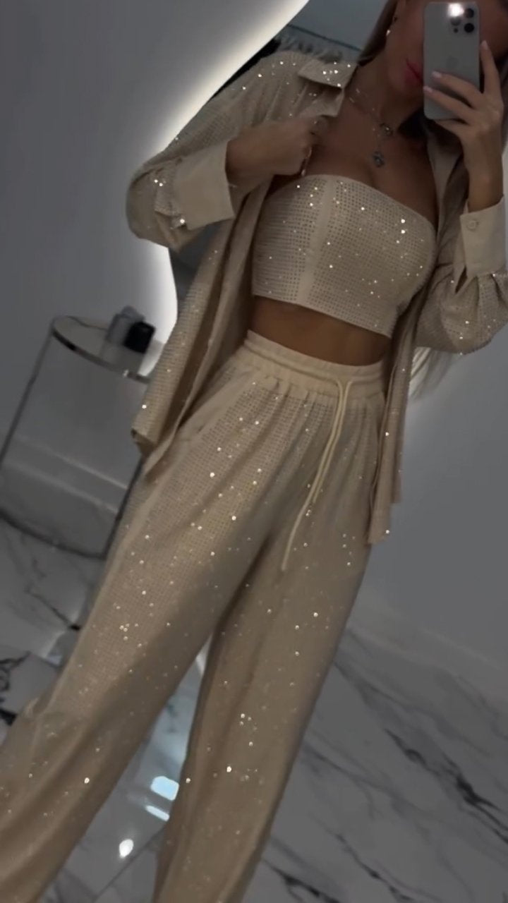 Costume décontracté trois pièces pour femme à revers et strass