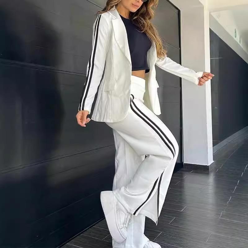 Ensemble blazer décontracté à revers crantés et pantalon large pour femme
