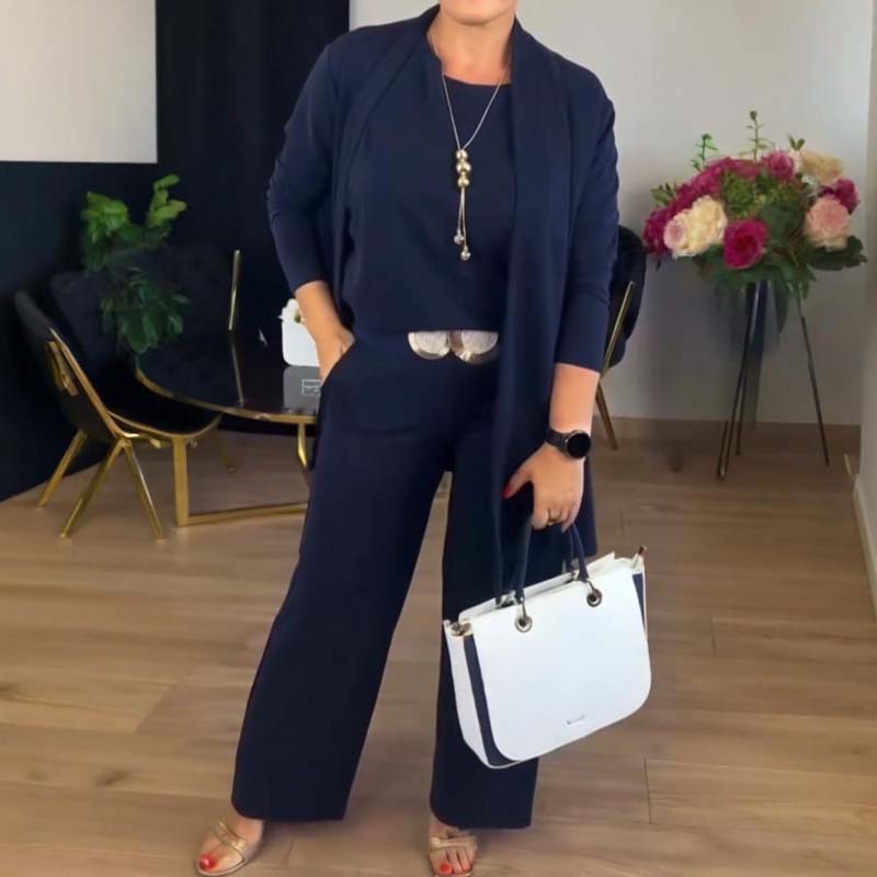 Ensemble cardigan long, haut et pantalon 3 pièces élégant