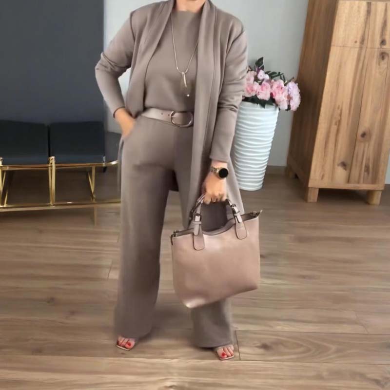 Ensemble cardigan long, haut et pantalon 3 pièces élégant